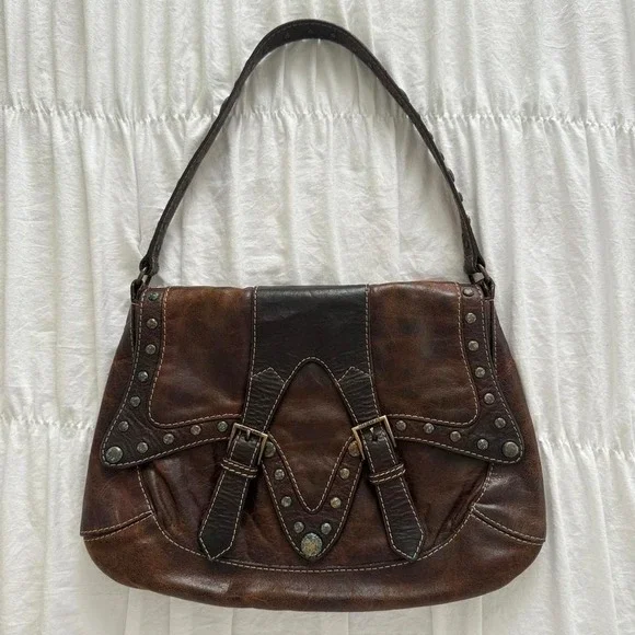 ROBERTO CAVALLI Brown Western Glam Leather Boho Turquoise Studded Structured Bag - Picture 2 of 8